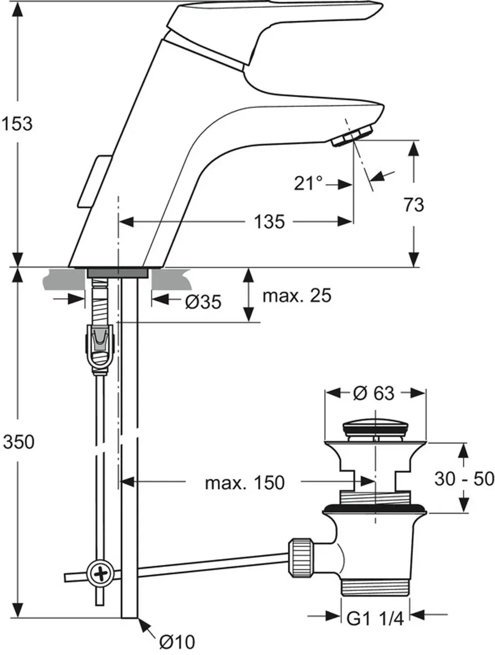 Waschbeckenarmatur von Ideal Standard, mit Hebel und Auslauf, Kombination aus verchromtem Metall und Kupferrohren, skizzierte Maße und Montagehinweise eingezeichnet.
